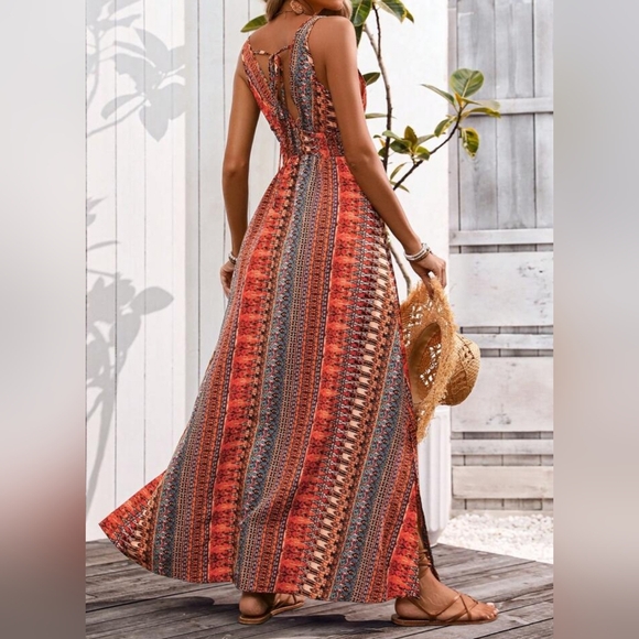 New Boho Tribal Print Tie Back Maxi Dress Red Orange Black - Picture 5 of 8
